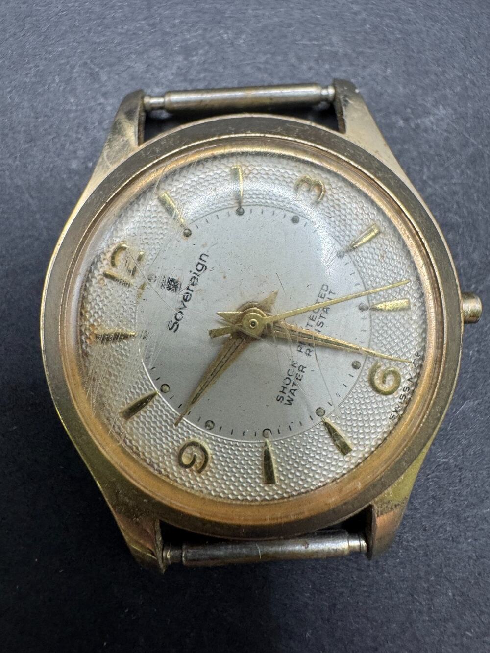 Vtg Sovereign Shock Protected Waterproof Stainless Steel Gold Tone Swiss Watch